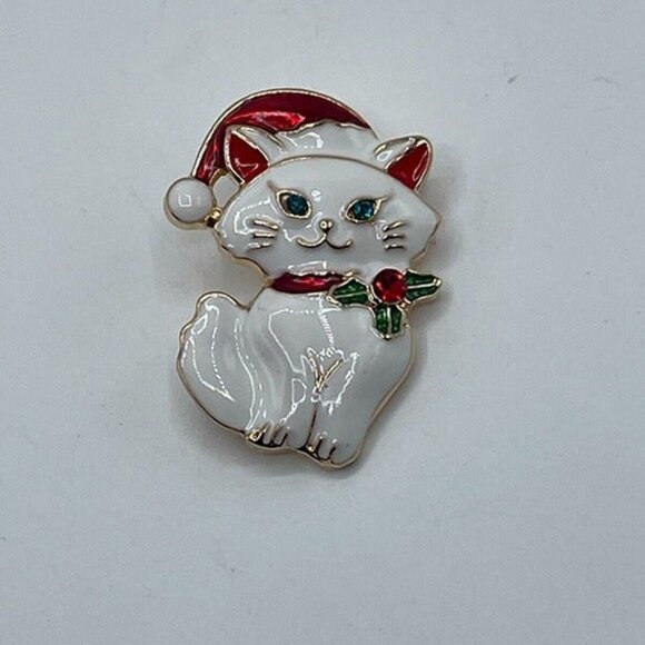 Christmas Cat Santa Claus Brooch Holiday Kitten Pin with Santa Hat & Rhinestones - Picture 2 of 4